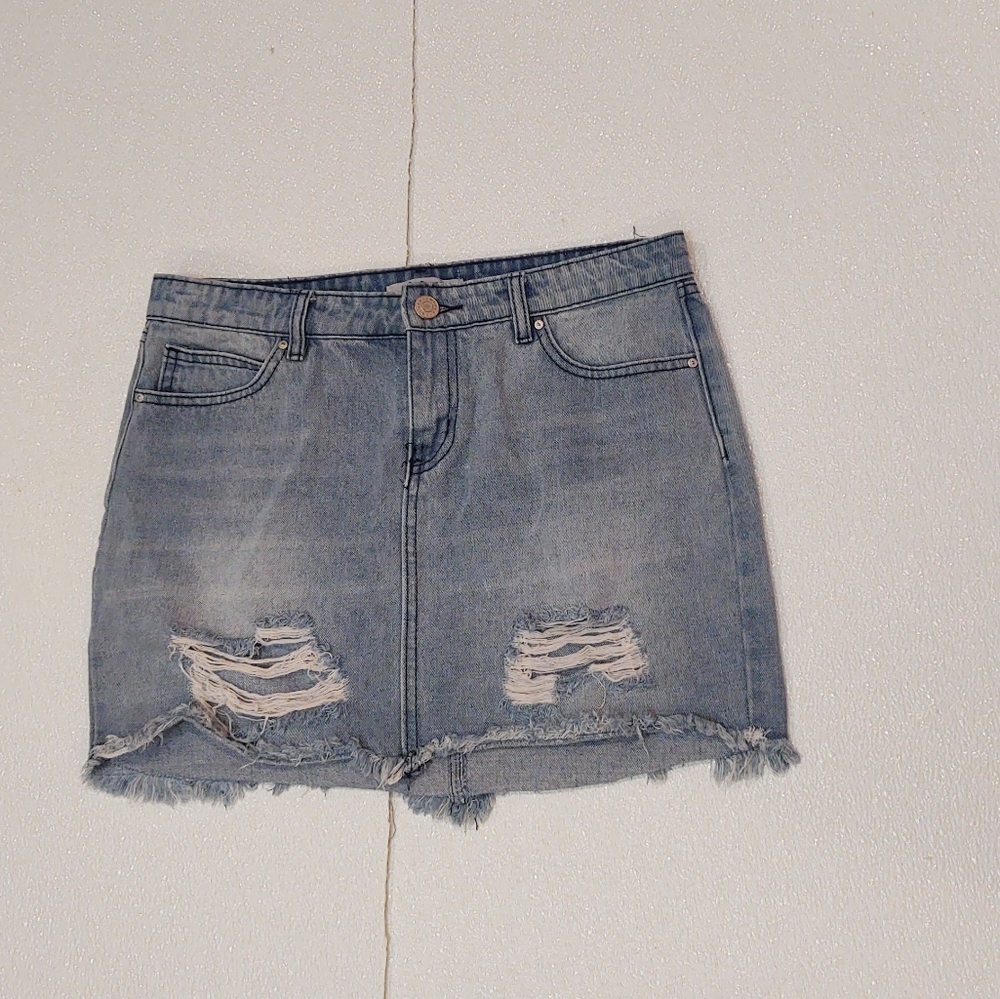 Refuge Distressed Frayed Jean Skirt